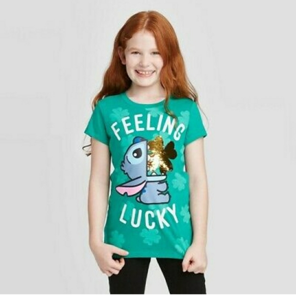 🤩BOGOFREE🤩 GIRLS XL DISNEY Stitch Green Feeling Lucky St. Patrick's Day tshirt - Picture 1 of 7